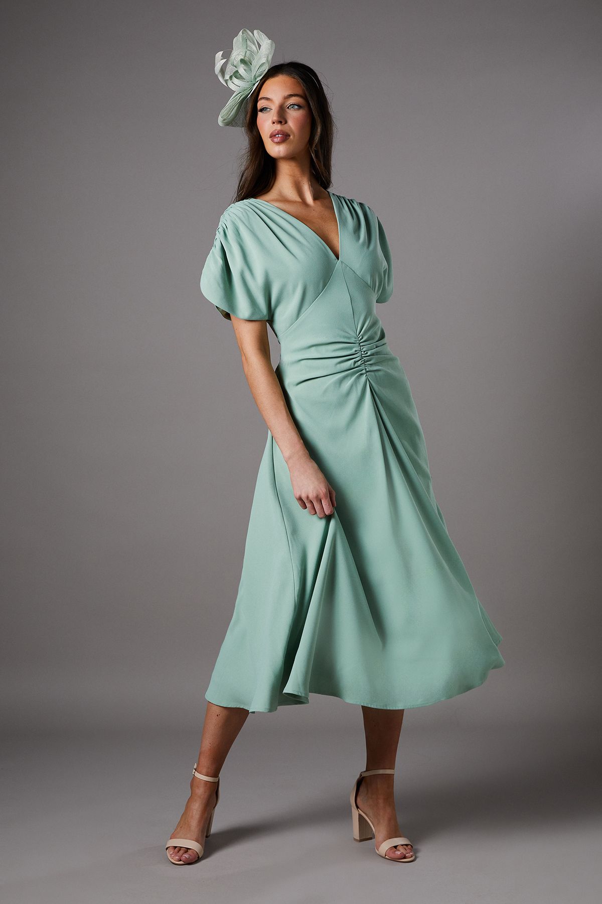 Ruched Sleeve V Neck Midi Dress