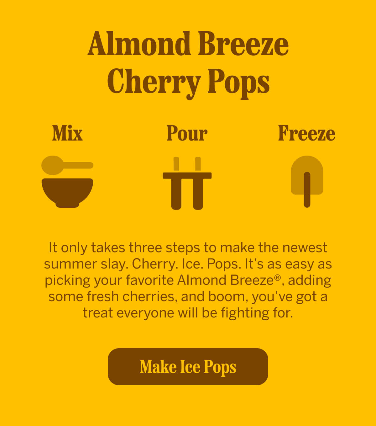 Almond Breeze Cherry Pops recipe steps: Mix, Pour, Freeze. Text describes making cherry ice pops with Almond Breeze and fresh cherries in three simple steps