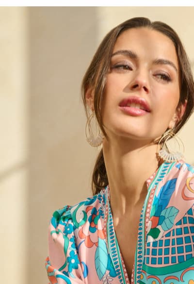 Long Sleeve Retro Printed A Line Dress In Peach Multi