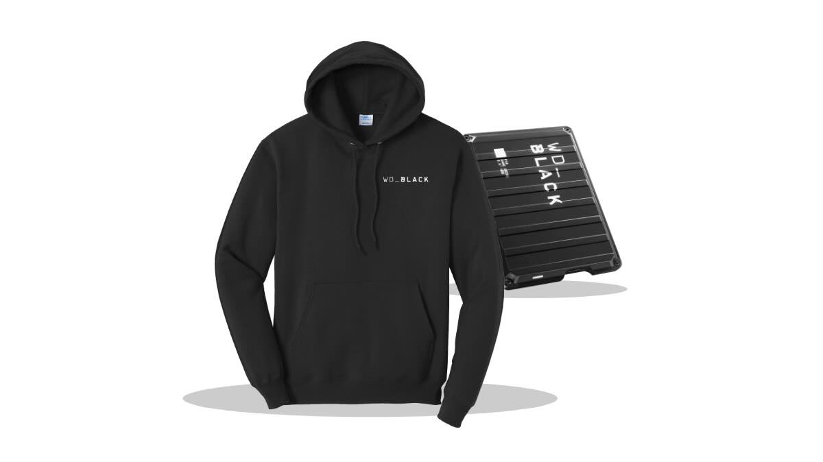 Black WD_BLACK hoodie and portable hard drive.