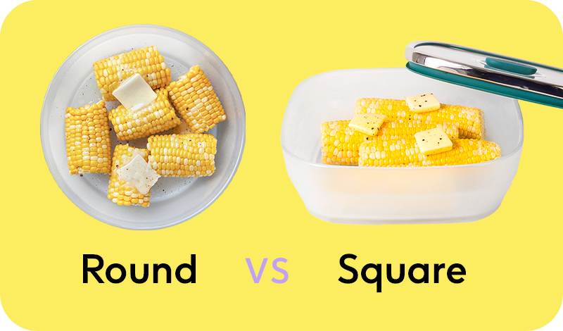 Side-by-side comparison of cooked corn on the cob in two Anyday dishes against a bright yellow background. The left shows corn in a round glass dish labeled “Round,” and the right shows corn in a square glass dish with a lid labeled “Square.”