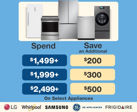 Spend $1,499 save $200, spend $1,999 save $300, spend $2,499 save $500 on select appliances