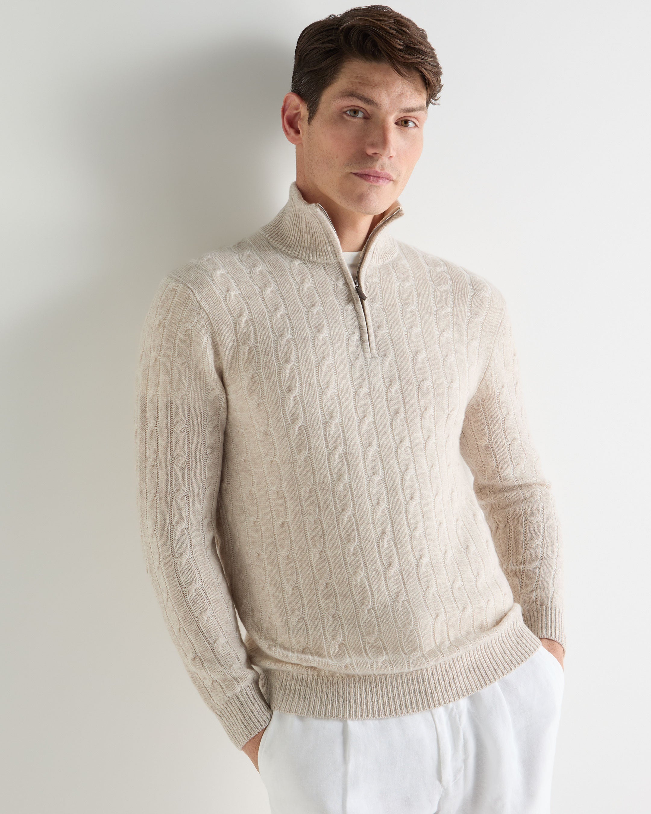 Image of Men's Albemarle Cable Half Zip Cashmere Sweater Sand Brown