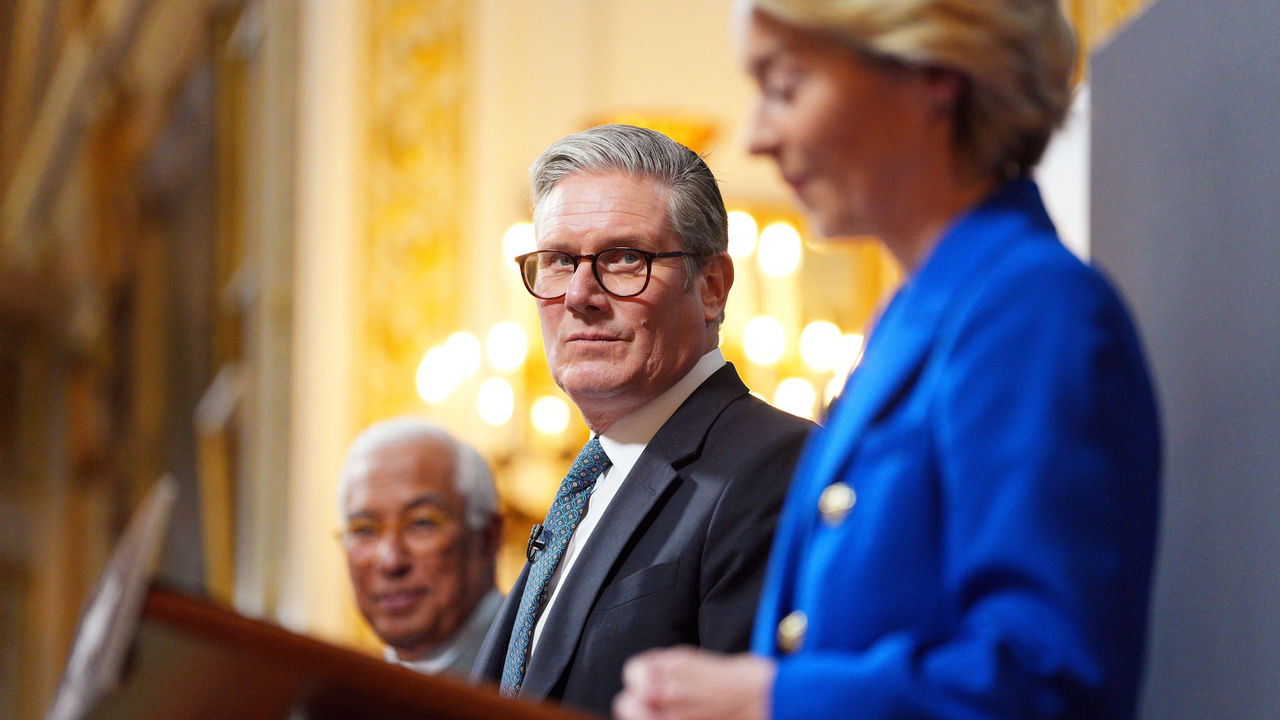 European Council President Antonio Costa, Britain's Prime Minister Keir Starmer and European Commission President Ursula von der Leyen