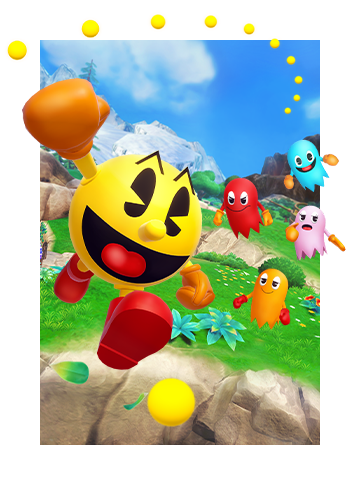 Art for PAC-MAN WORLD 2 Re-PAC featuring PAC-MAN charging across a sunny field with four ghosts on his tail.