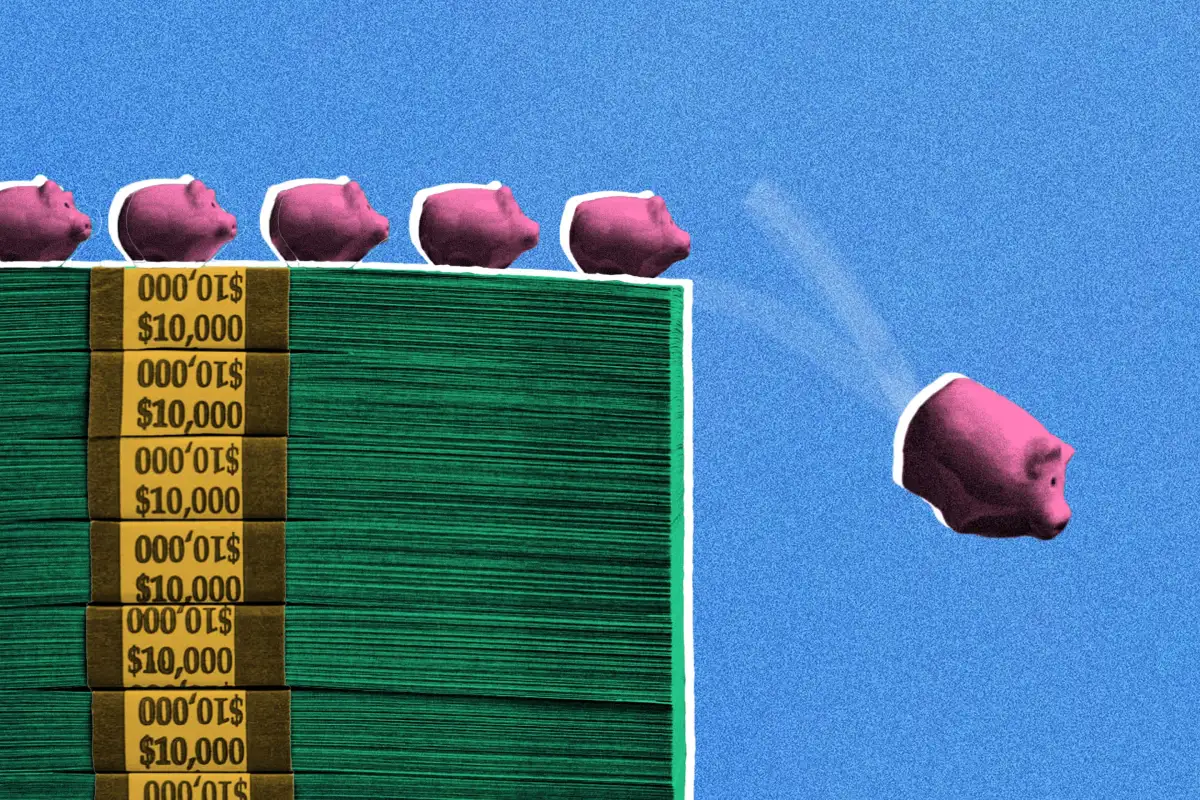 piggy banks jumping off a pile of cash