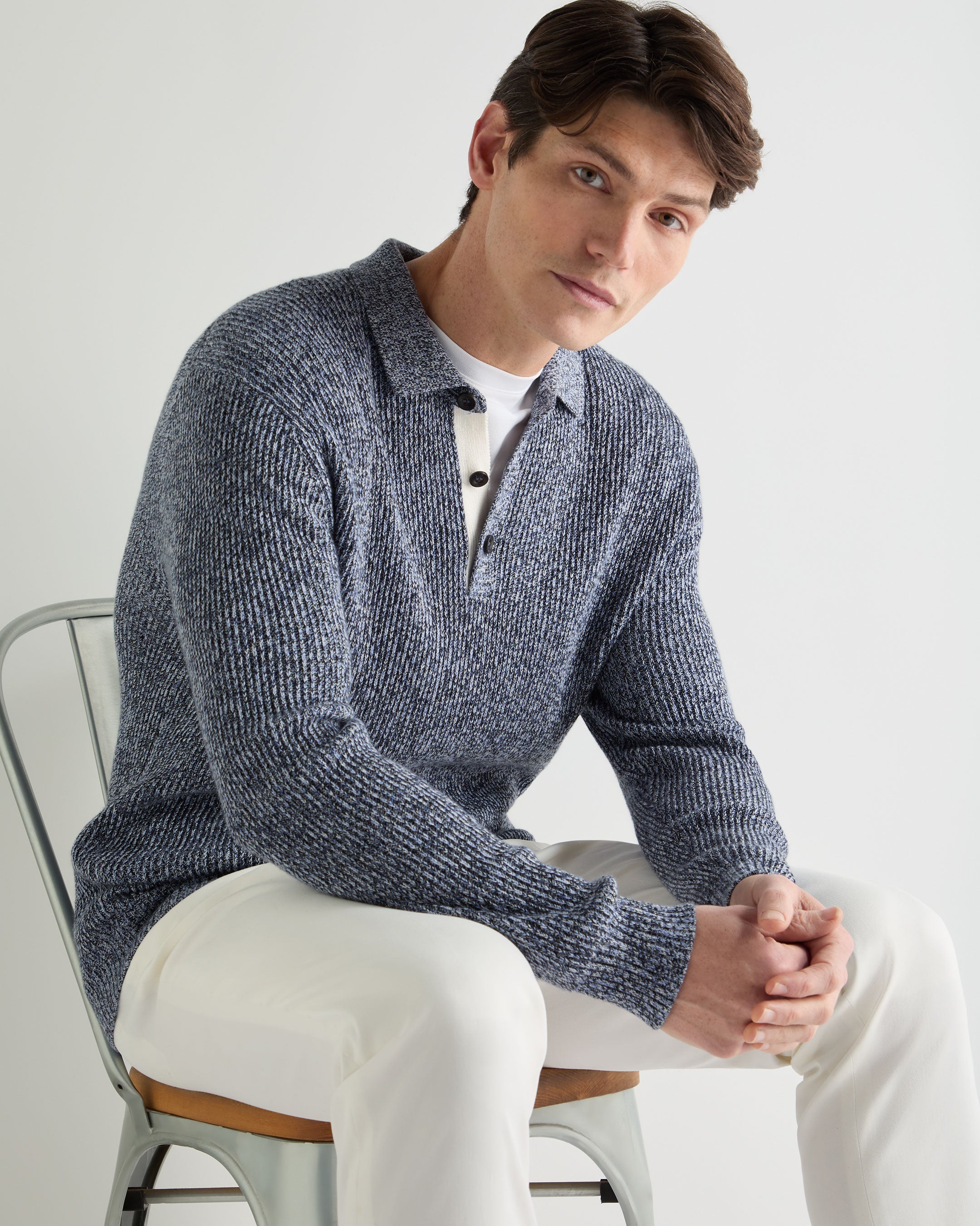 Image of Men's Rib Polo Cotton Blend Sweater Blue Marl