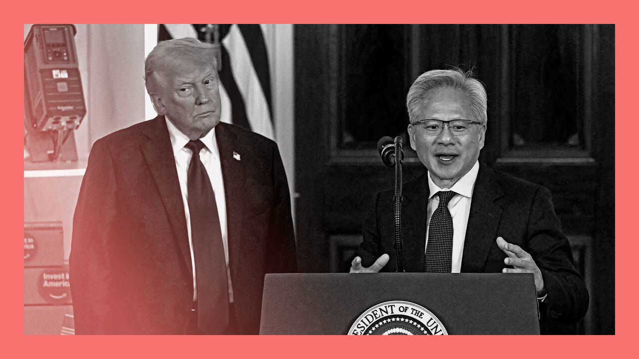 Nvidia CEO Jensen Huang speaks alongside US President Donald Trump, at the White House in Washington, DC, USA.