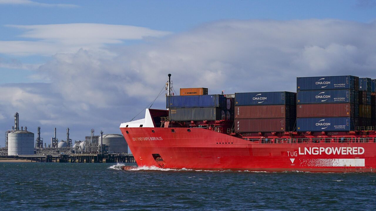 The vessel 'Containerships Borealis' arrives into the mouth of the River Tees. The war has effectively closed the Strait of Hormuz which sees over a fifth of the global oil and LNG trade pass through narrow gulf.