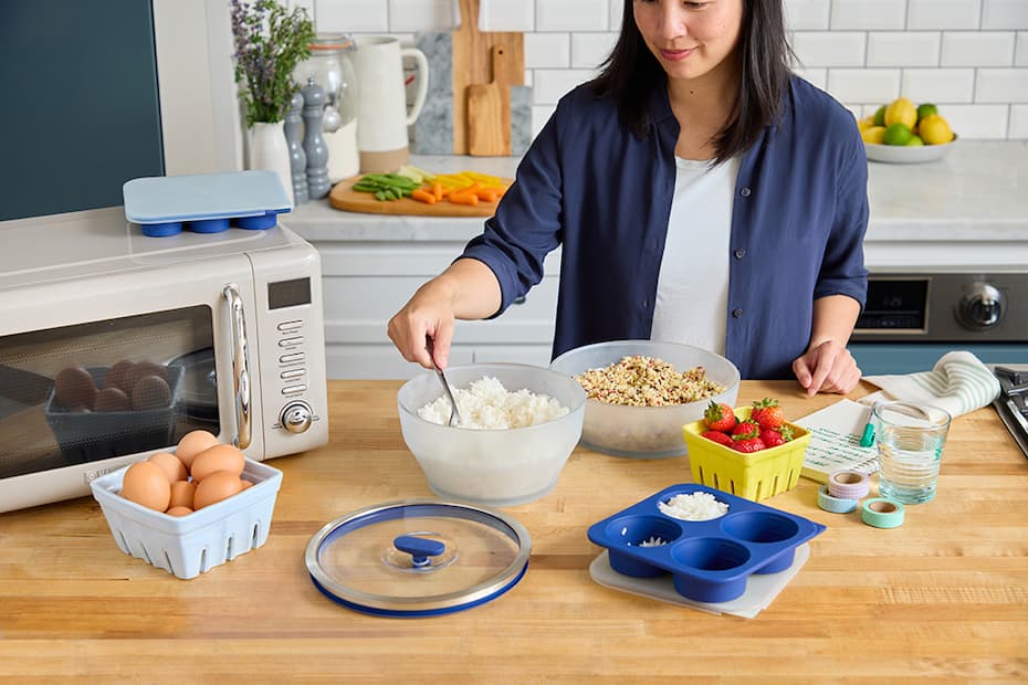 Cooked white rice portioned into 1/2 cup servnings using the Anyday Anytime Freezer Tray, ideal for freezing individual servings of microwave rice for easy meal prep.