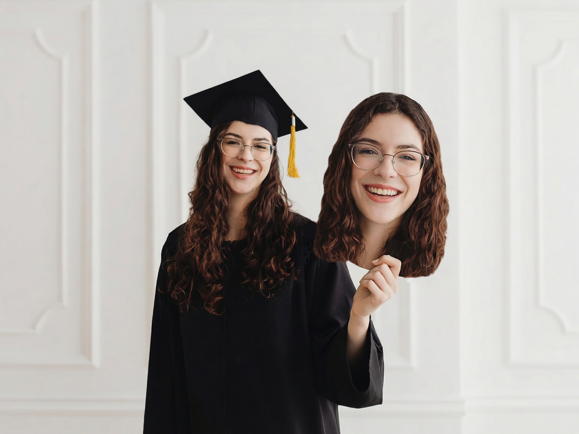 Graduate in cap and gown holding custom big head cutout of her face for celebration photo prop
