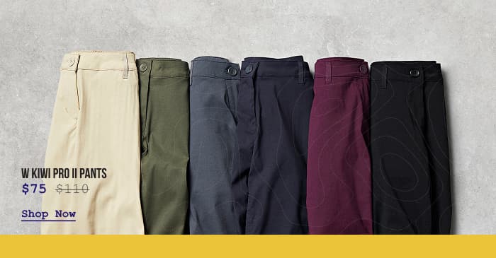Studio photo flatlay of Women's Kiwi Pro II pants in a variety of colors.