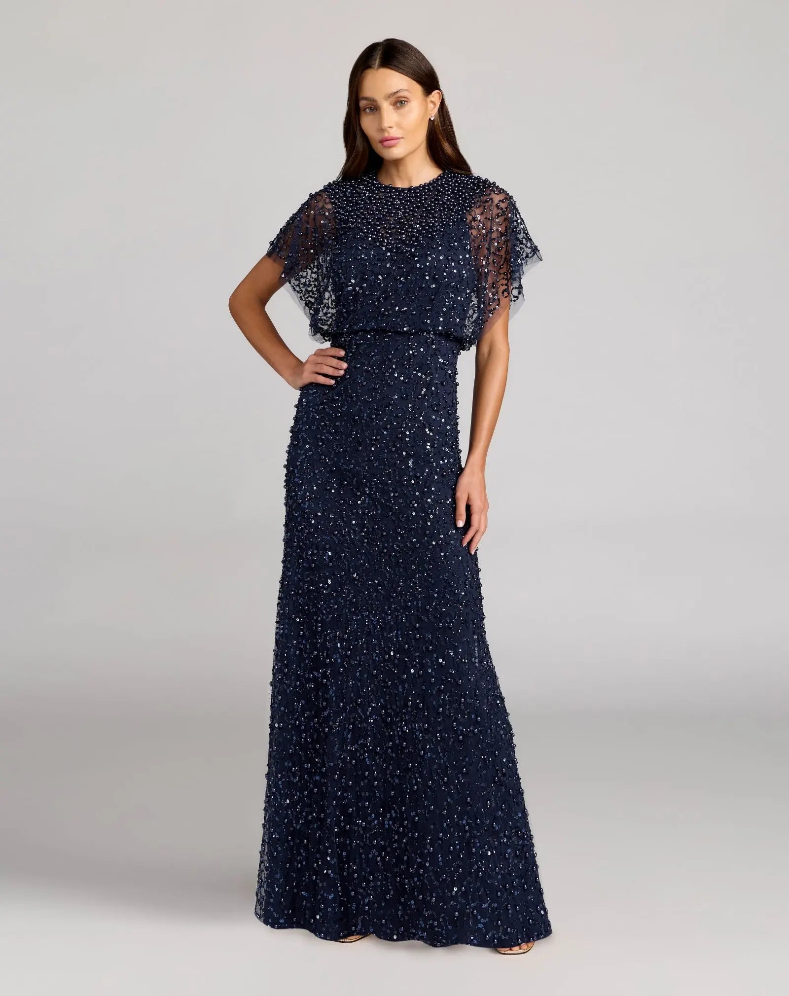 Image of Navy High Neck Short Sleeve Embellished Gown