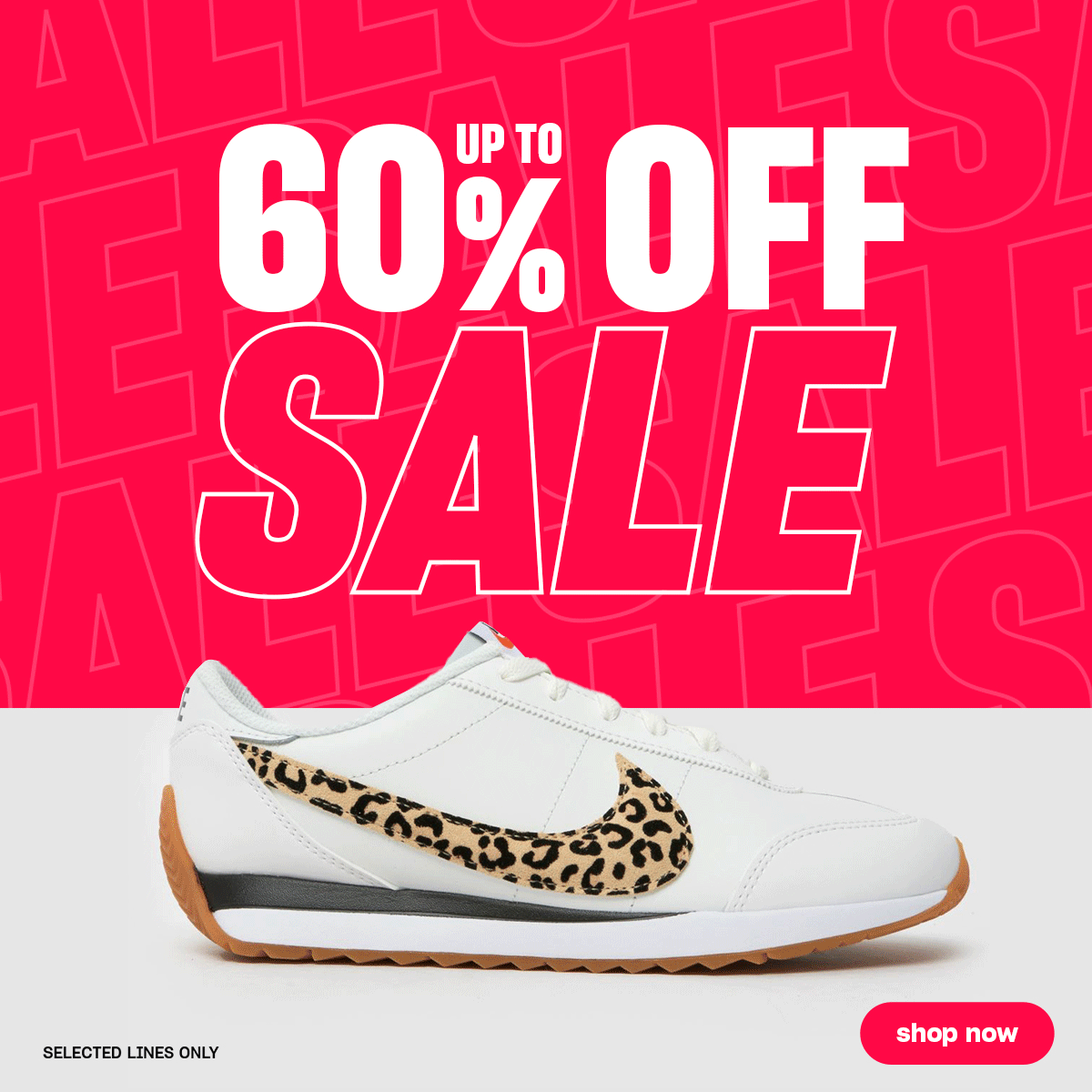 A GIF of a Nike trainer, a Converse trainer and a schuh boot alongside the text 'Sale Up tp 60% Off Selected Lines Only. Shop Now' 