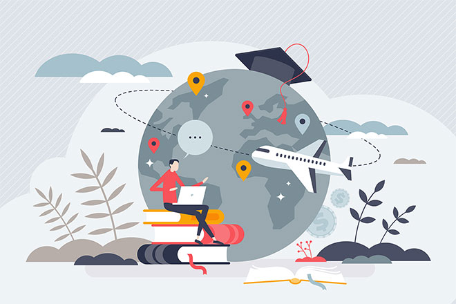 Artwork of a plane going around the planet, while a person working on a computer sits on a stack of textbooks.