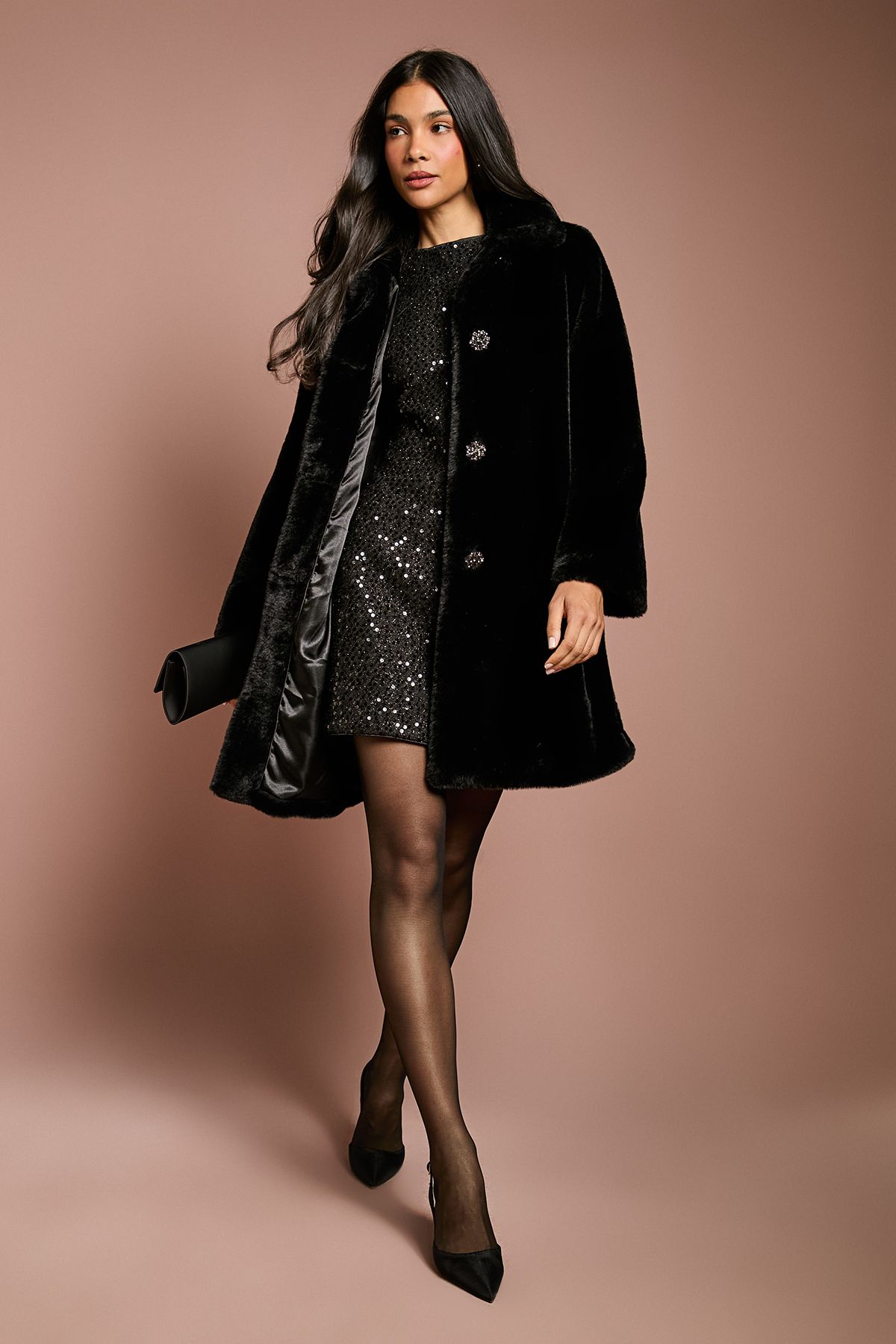 Diamante Faux Fur Button Through Occasion Coat