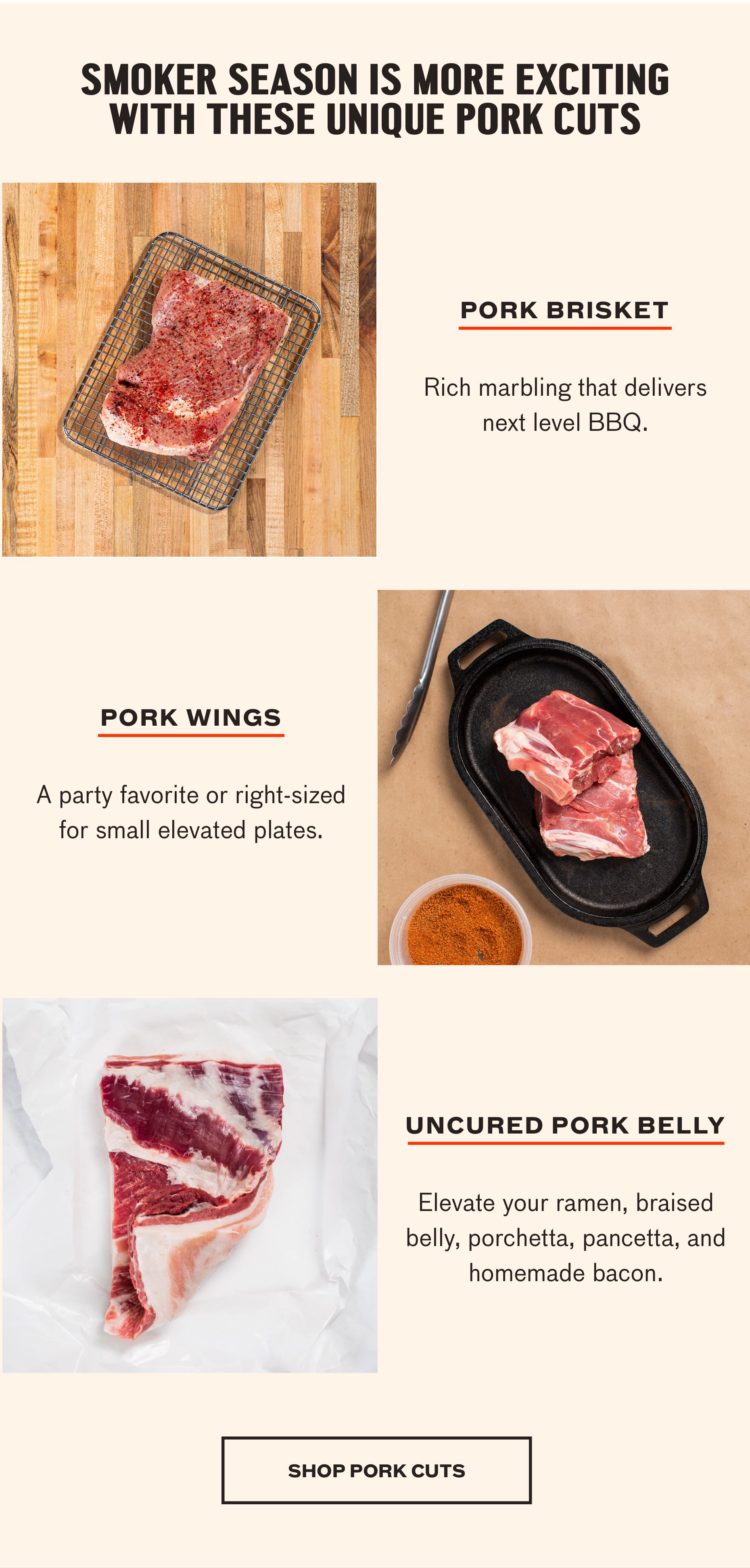 Pork Brisekt, Pork Wings, Uncured Pork Belly, Pork Shank