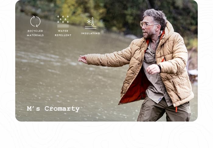 Photo of a man skipping a rock while wearing a Cromarty Insulated Jacket