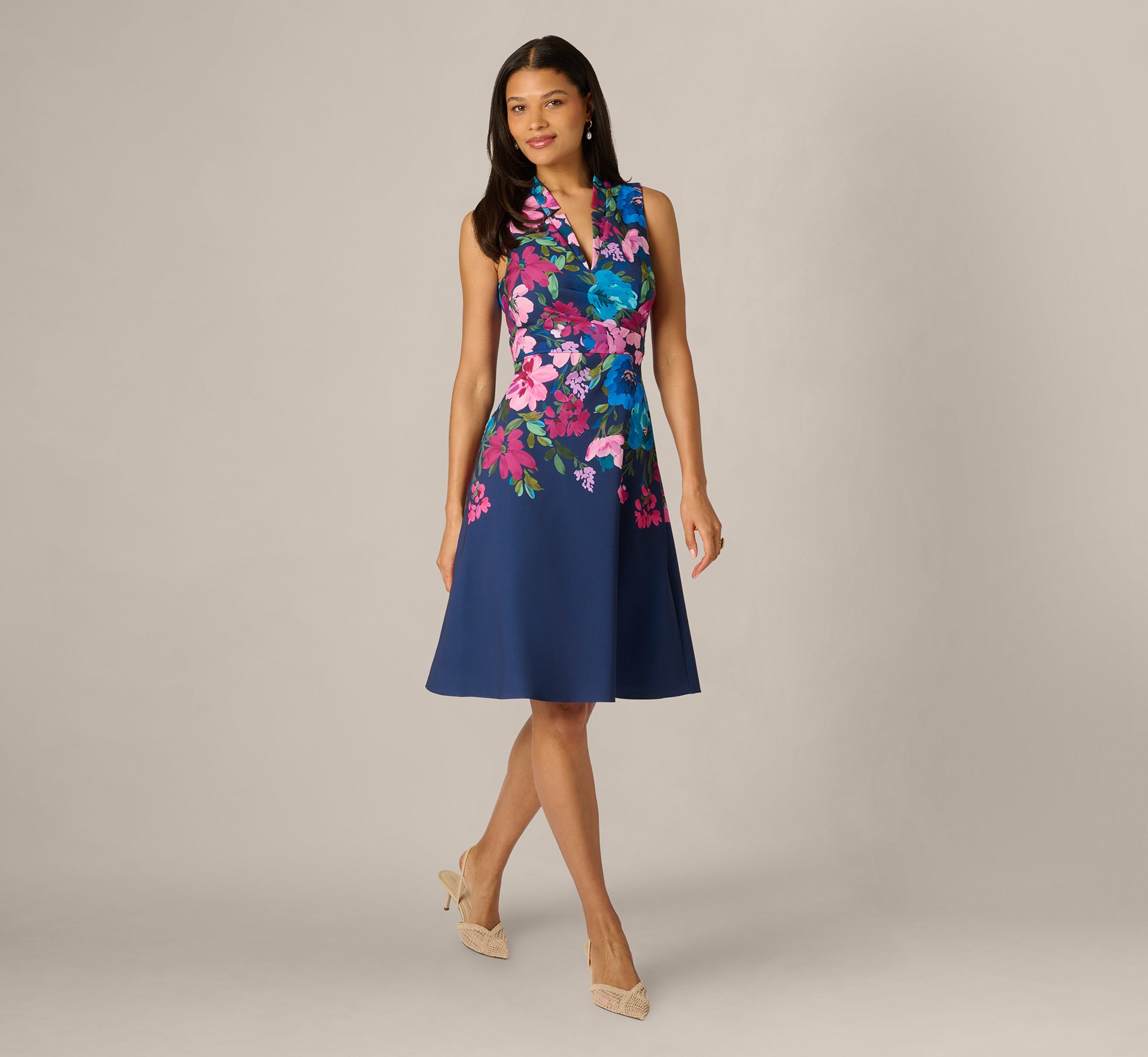 Image of Petite Collared Floral Border Twill Midi Dress In Navy Multi