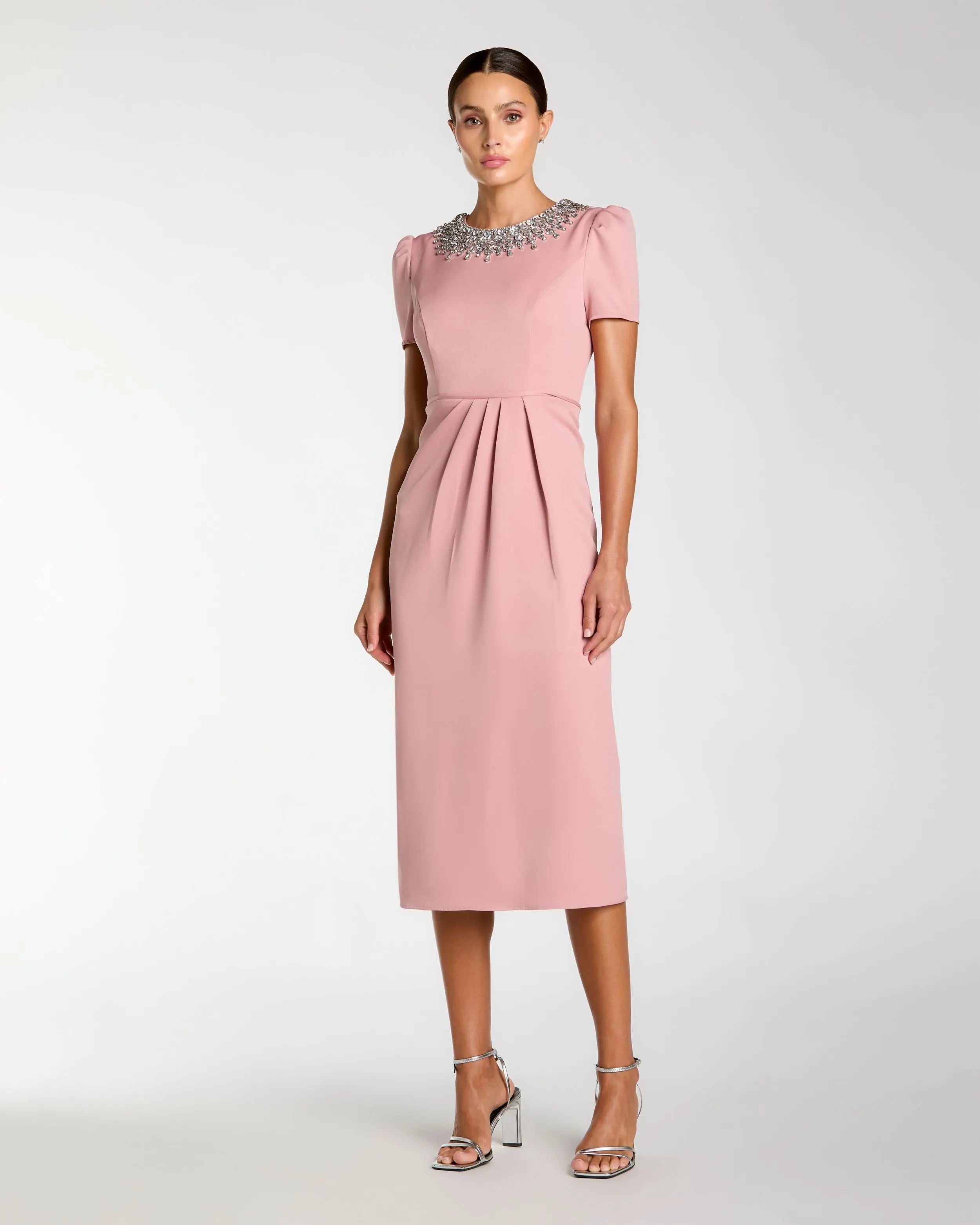 Image of Pink Short Sleeve Rhinestone Neckline Sheath Dress