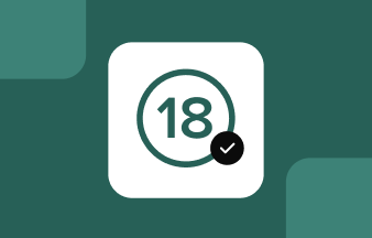 White tile containing the number 18 circled in dark green next to a small black checkmark badge, set against a dark green and teal background.