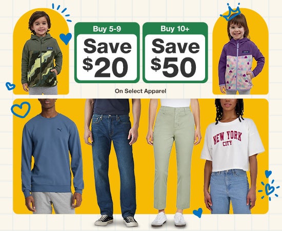 buy 5-9 save $20, or buy 10+ save $50 on select apparel