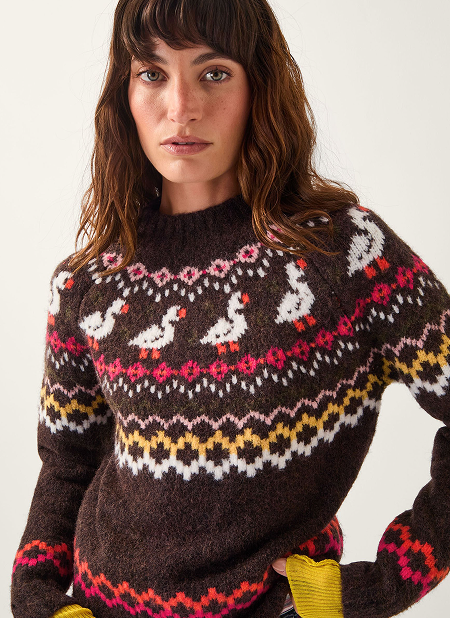 Monsoon x Sarah Corbett-Winder Swan Fair Isle Cardigan Brown