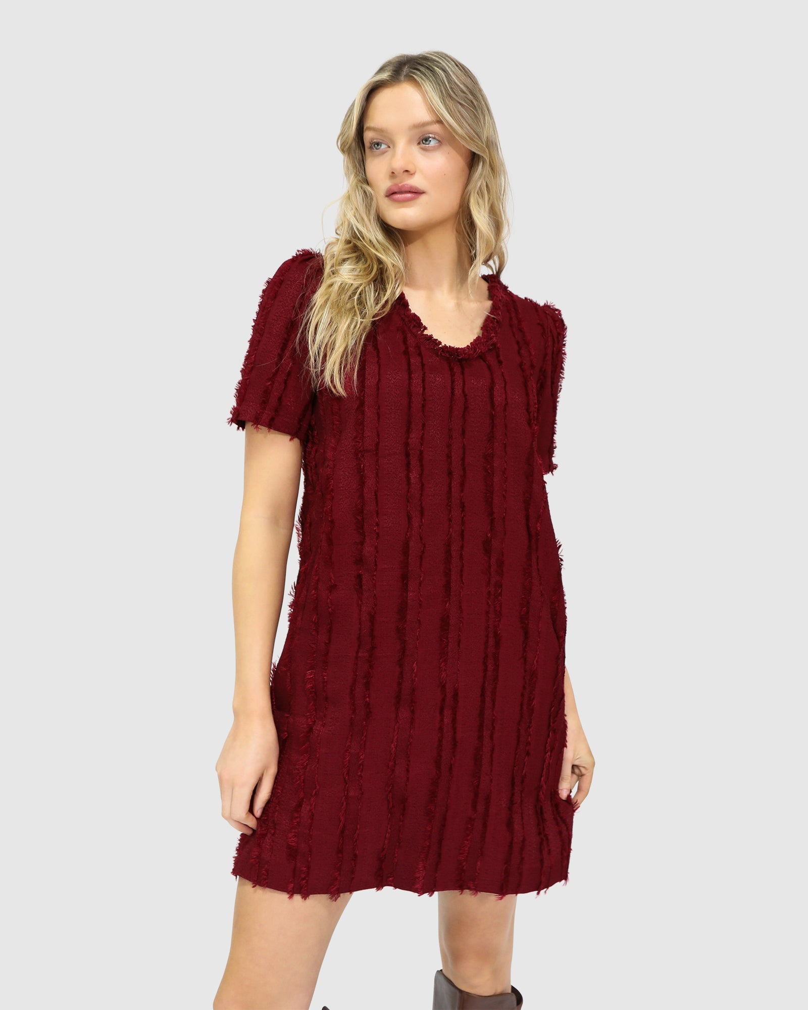 Image of Solana Boho Fringe Shift Mini Dress - Burgundy
