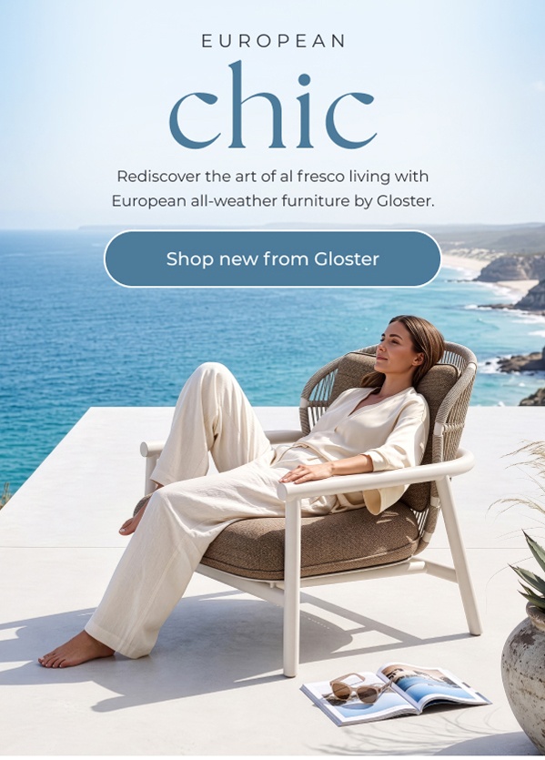 Woman lounging in outdoor patio armchair. Image Text: EUROPEAN Chic. Rediscover the art of al fresco living with European all-weather furniture by Gloster. Shop new from Gloster