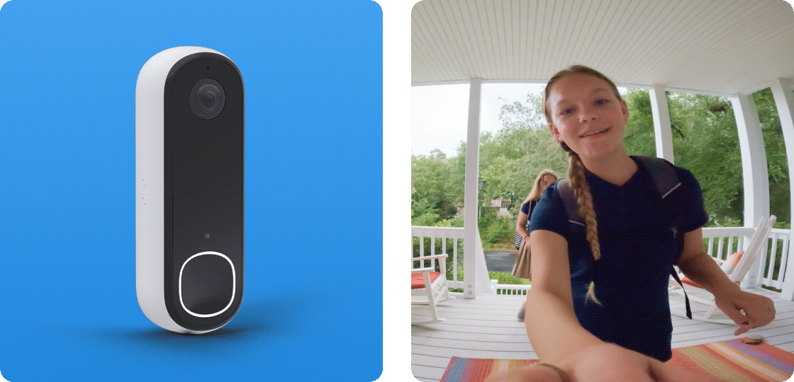 Arlo Video Doorbell. Person at the front door in a point-of-view image.
