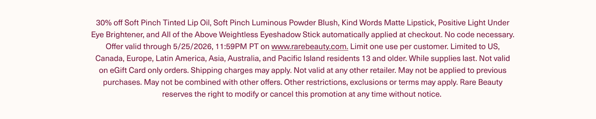 Rare Beauty Sales & Promotions Disclaimer