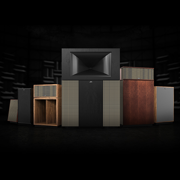 Six Klipsch Heritage speaker lined up on a dark background