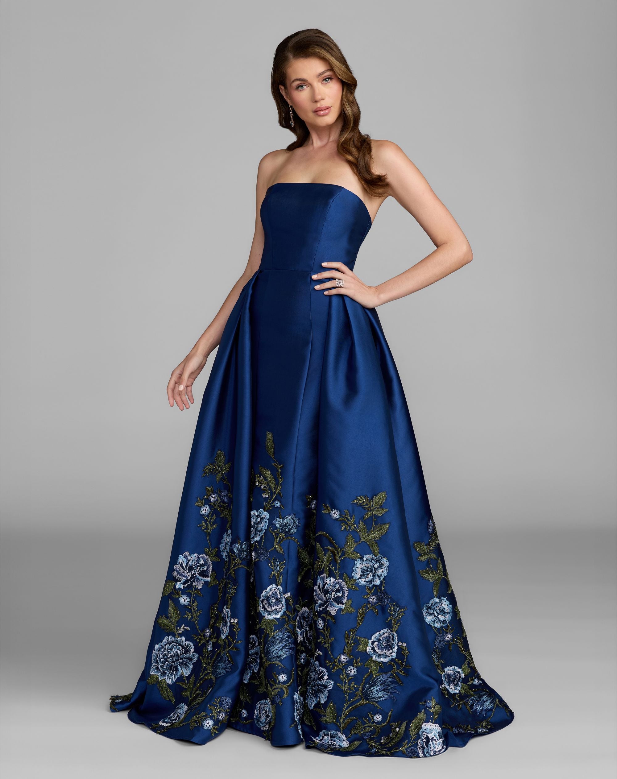 Image of Blue Floral Embroidered Mikado Strapless Ball Gown
