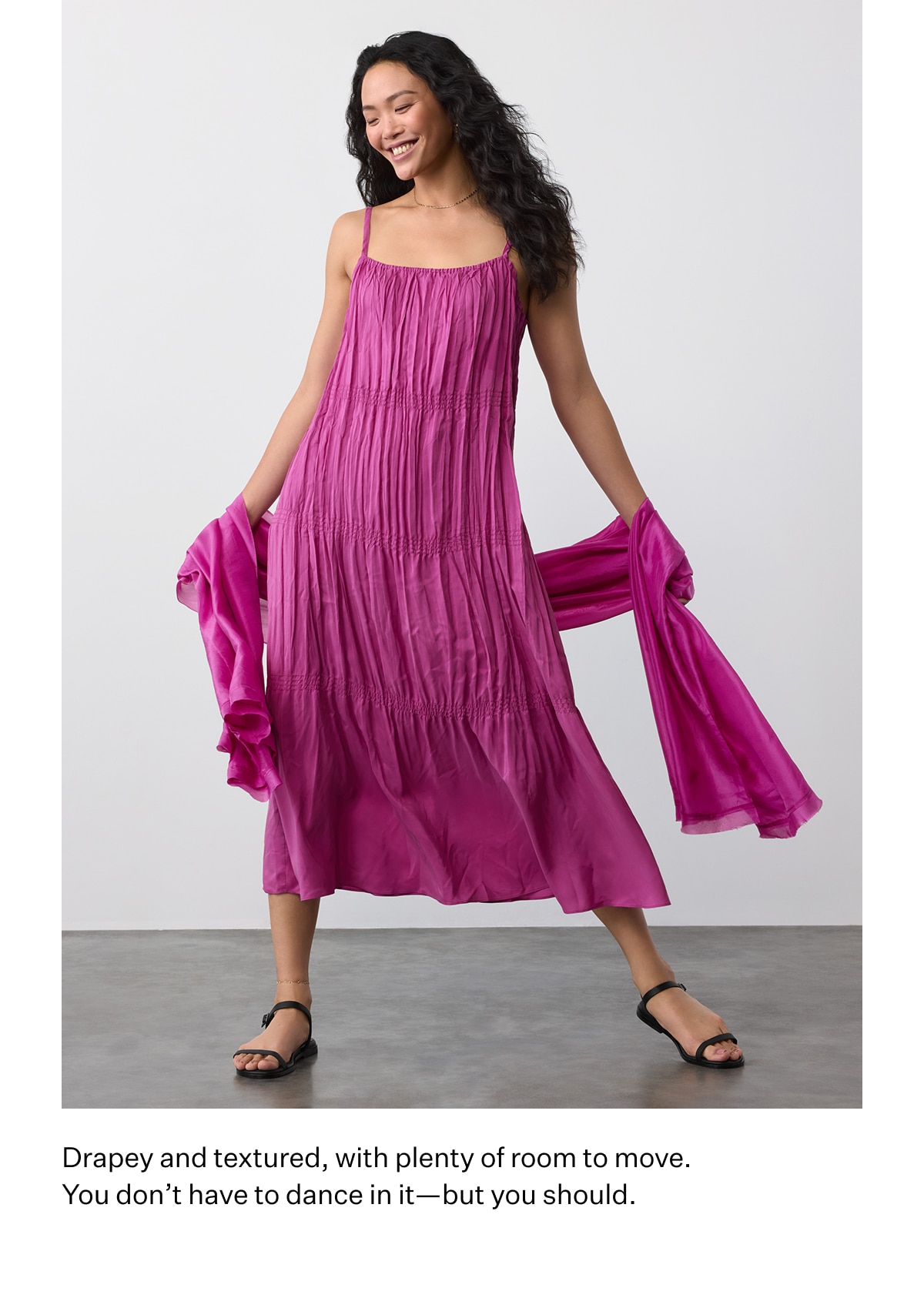 Drapey and textured, with plenty of room to move. You don't have to dance in it--but you should.