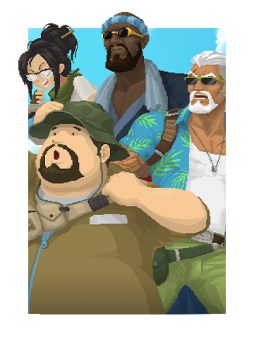 Art for DAVE THE DIVER – In the Jungle Content Pack featuring Dave and his crew.