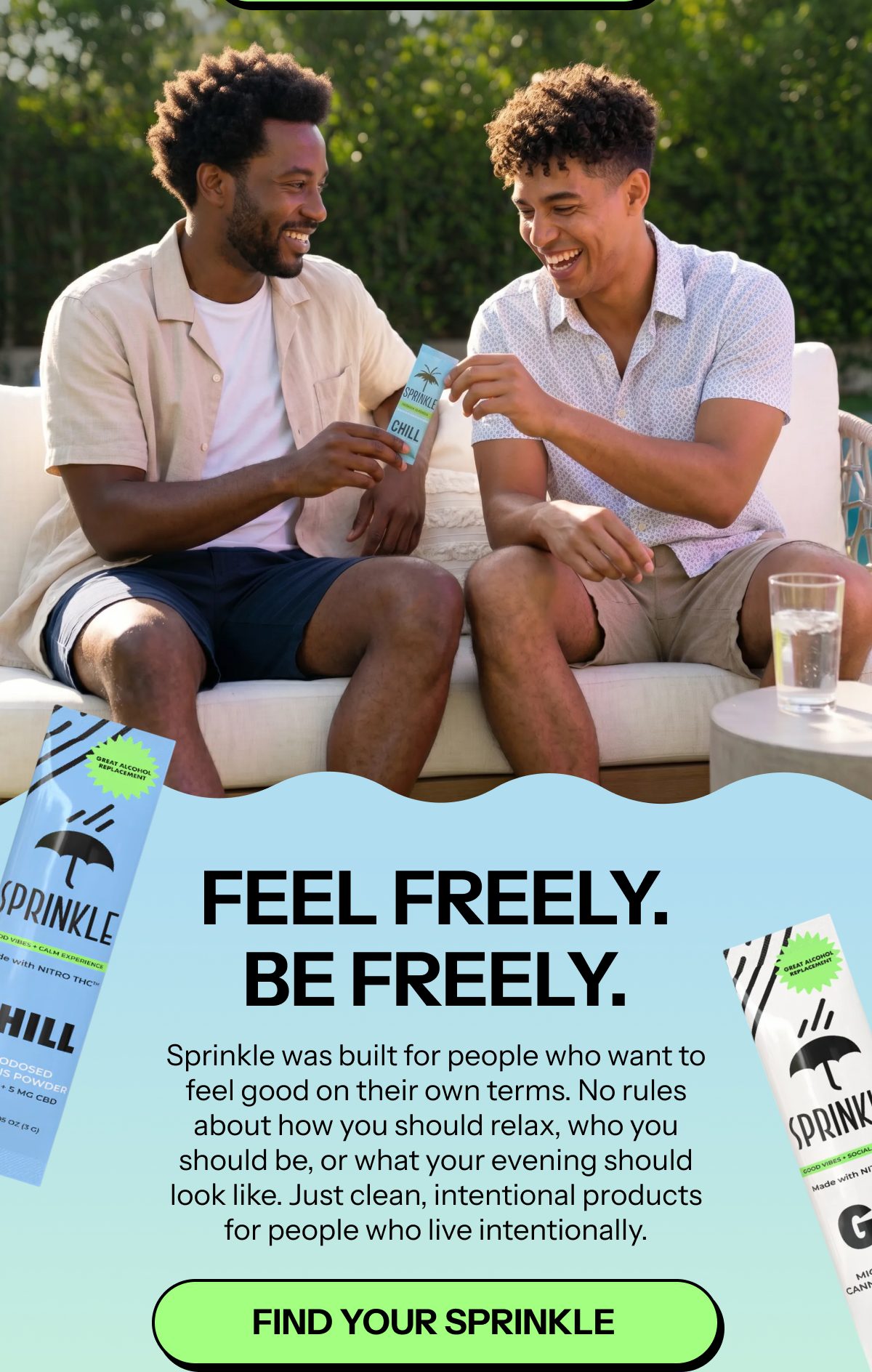 Two men enjoying drinks on a couch, promoting a product with text about feeling good.