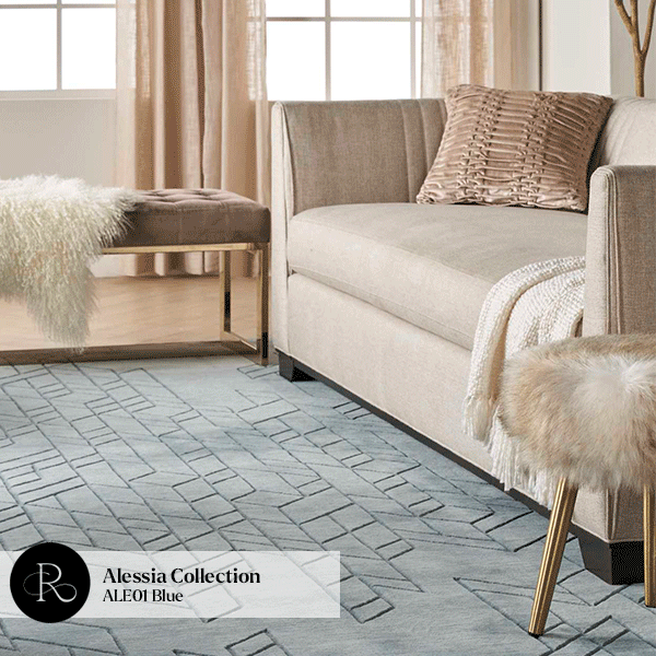 Alessia Collection ALE01 Blue geometric wool area rug styled in a modern living room — Nourison Home