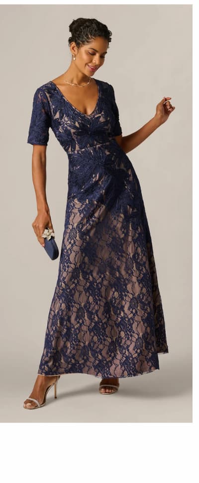 Short Sleeve Lace Soutache Embroidery Gown In Navy Nude