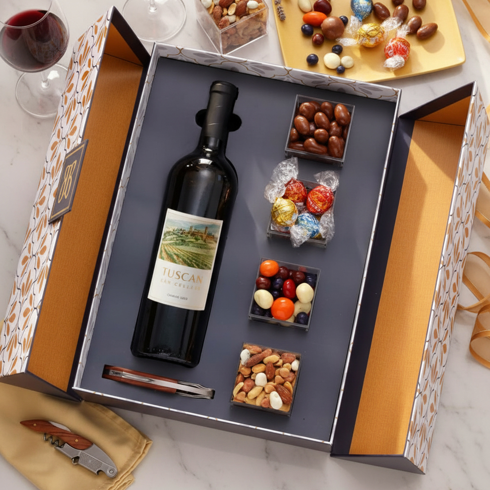 Premium Wine and Chocolate Gift Box in a wooden keepsake box.