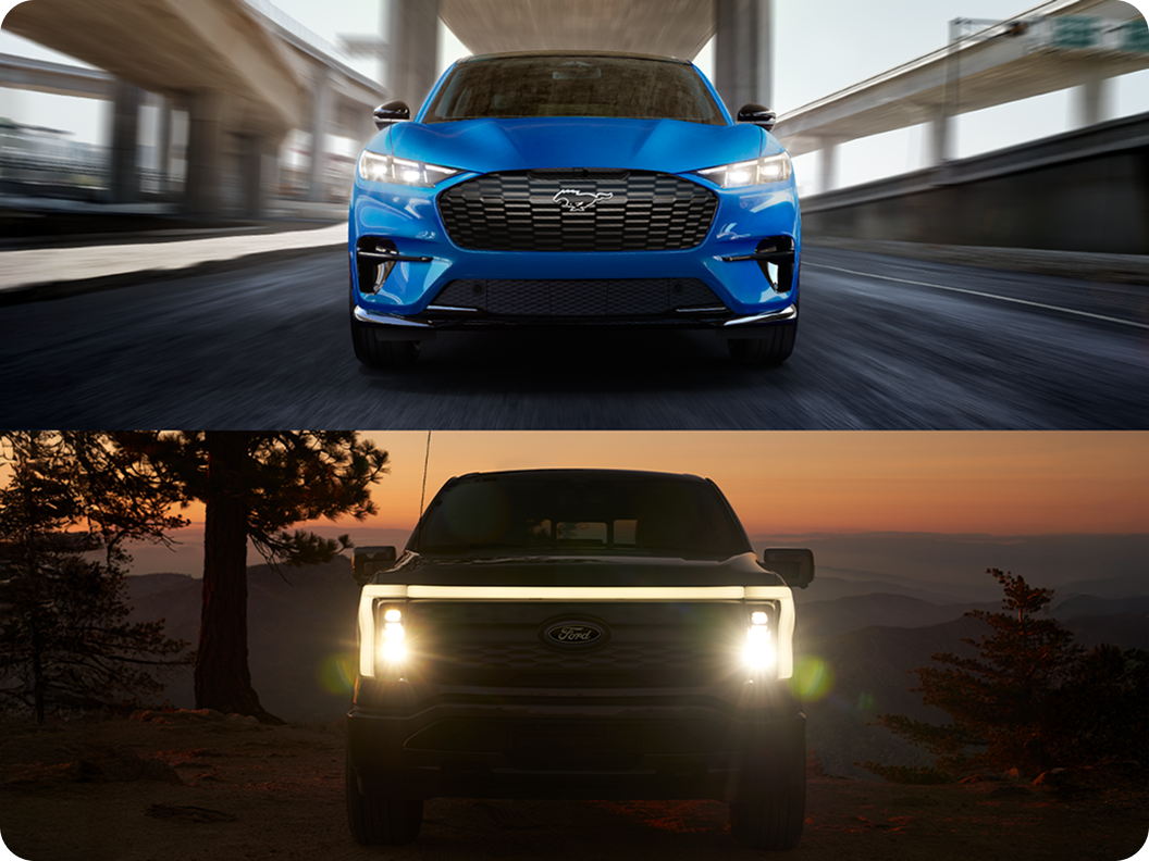 Front view of a Ford Mustang Mach‑E&reg; SUV being driven on an urban freeway, and a front view of a Ford F‑150&reg; Lightning&reg; truck with the headlights on