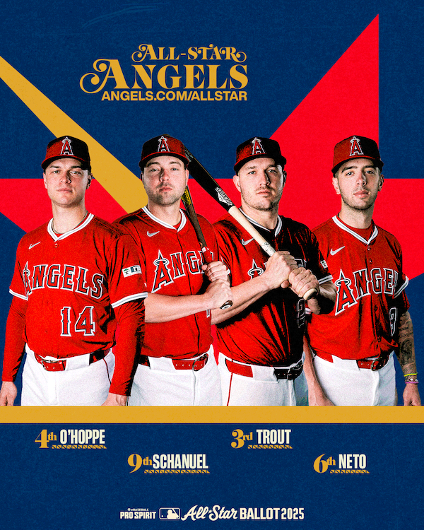All-Star Angels - angels.com/allstar - 4th: O'Hoppe, 9th: Schanuel, 3rd: Trout, 6th: Neto - 2025 Pro Spirit MLB All-Star Ballot.