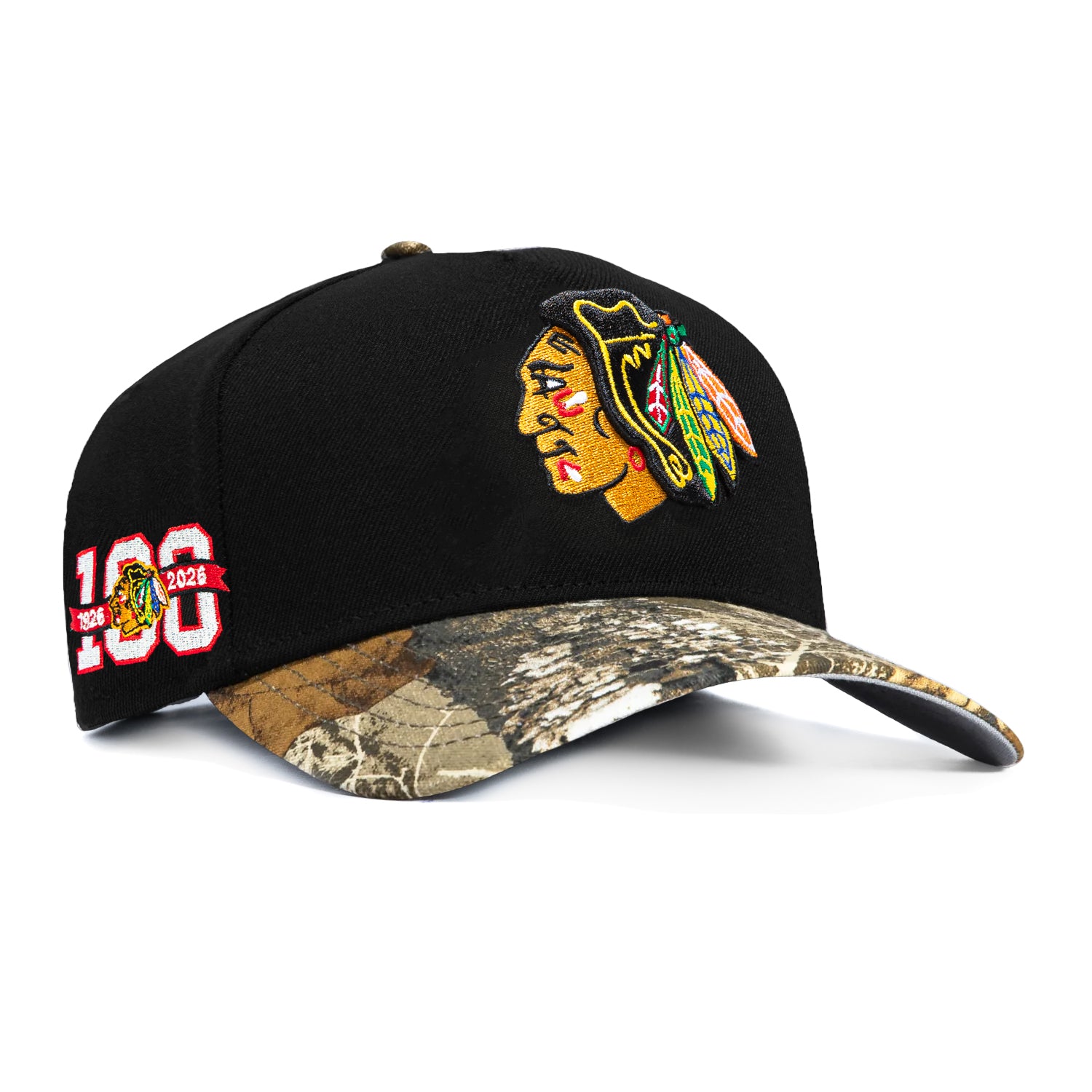 Image of New Era 9Forty A-Frame Realtree Visor Chicago Blackhawks 100th Anniversary Patch Snapback Hat - Black, Realtree