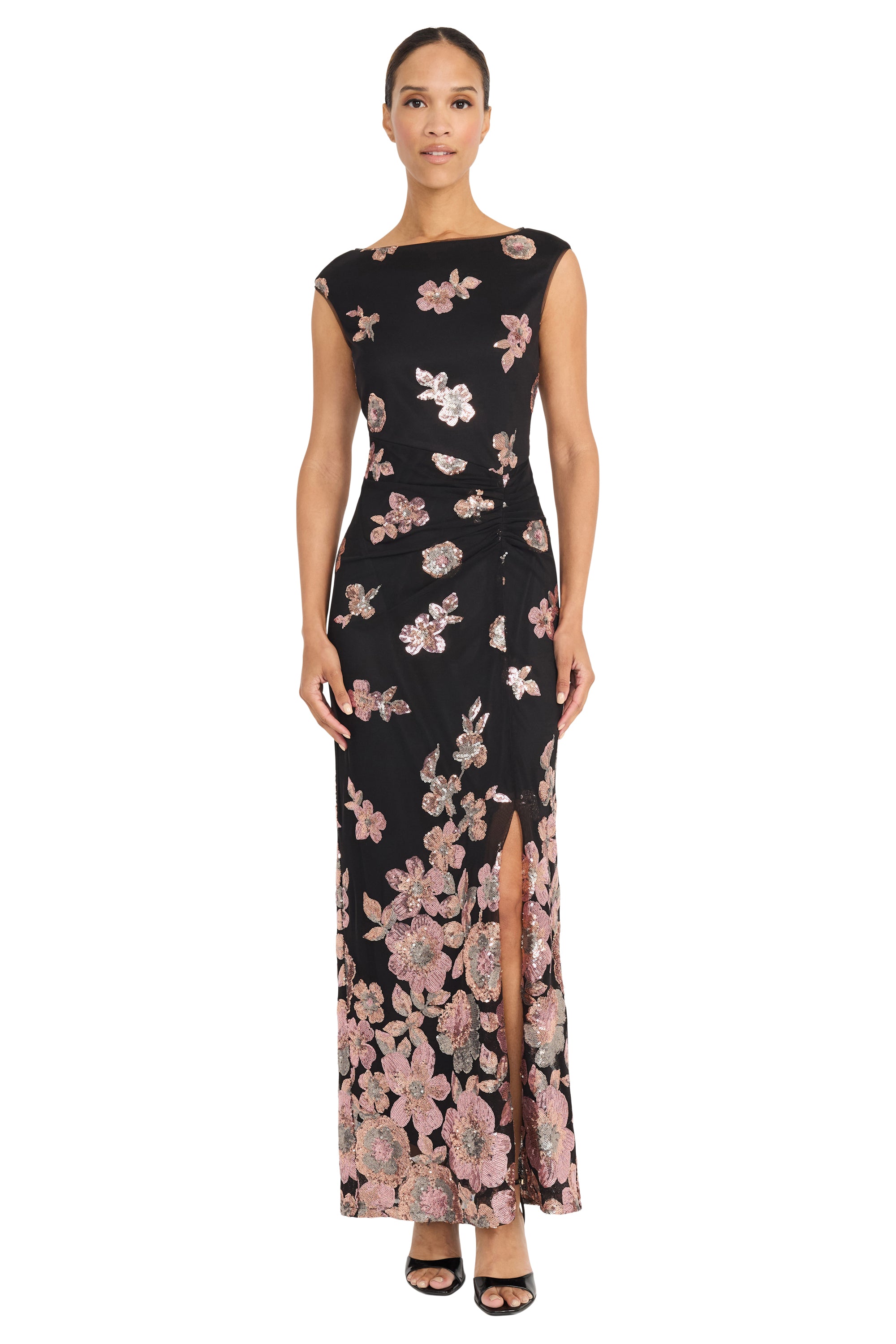Image of Lucie Boat Neck Front Slit Sequin Gown