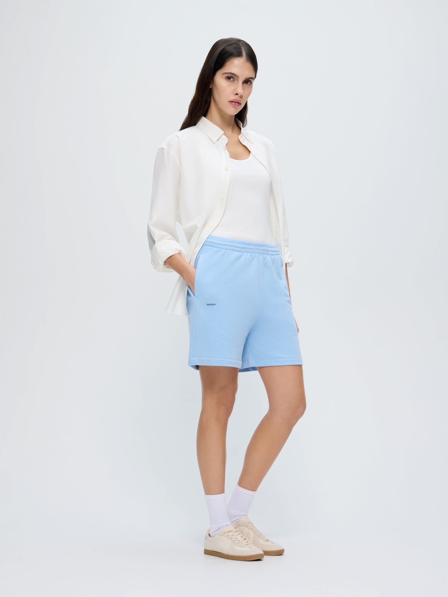 Image of Womens 365 Midweight Mid Length Shorts—Dewdrop Blue