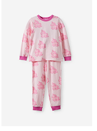 Pink long-sleeved pajama set with unicorn print and magenta ribbed trim for kids