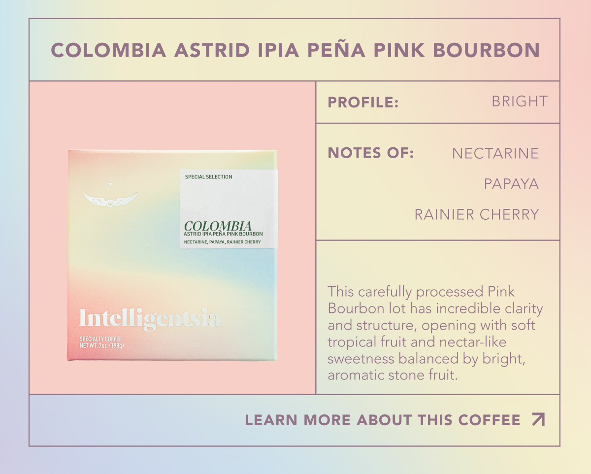 Colombia Astrid Peña Pink Bourbon. Profile: Bright. Notes of: Nectarine, papaya, rainier cherry. This carefully processed Pink Bourbon lot has incredible clarity and structure, opening with soft tropical fruit and nectar-like sweetness balanced by bright, aromatic stone fruit. | LEARN MORE ABOUT THIS COFFEE 
