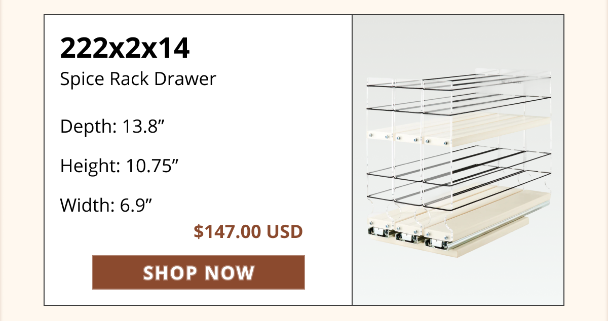 Vertical Spice 222x2x14 spice rack drawer with product image, dimensions, price, and a “Shop Now” button.