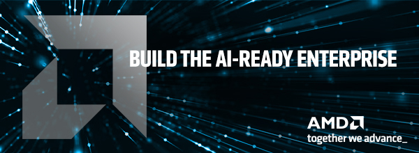 Teal abstract tech background with streaking light lines and text “BUILD THE AI-READY ENTERPRISE” and AMD logo with “together we advance.”