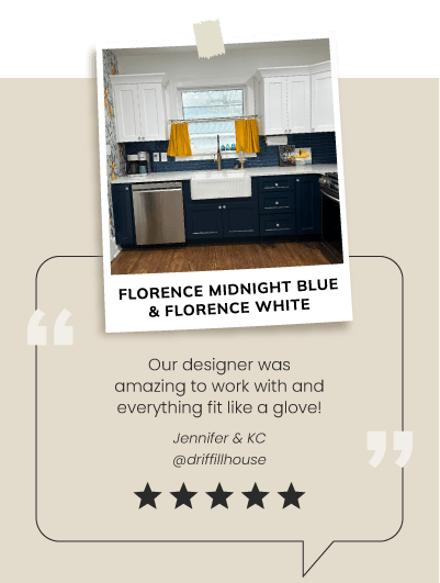 Kitchen with blue and white cabinets.