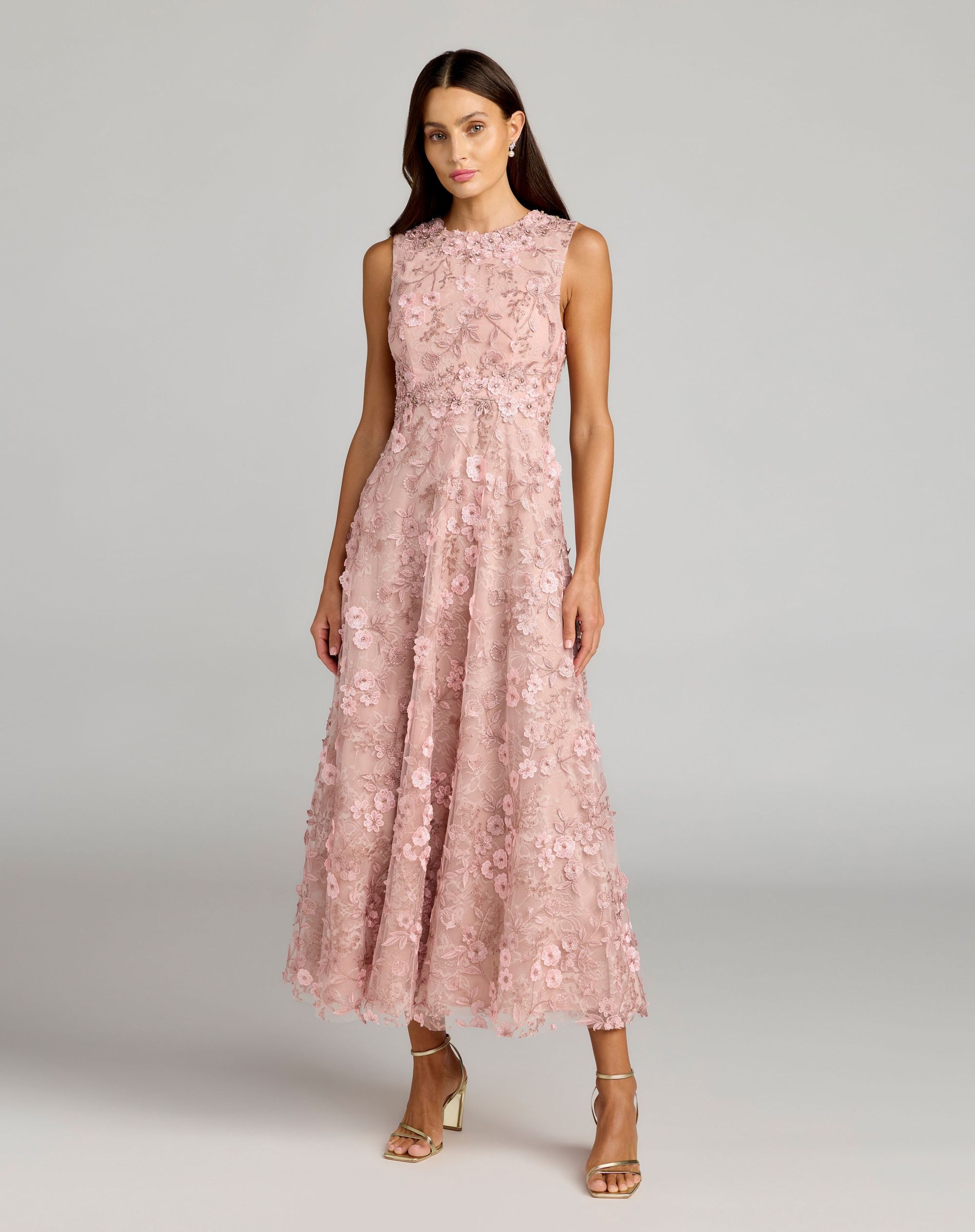 Image of Pink Floral Embroidered High Neck Midi Dress